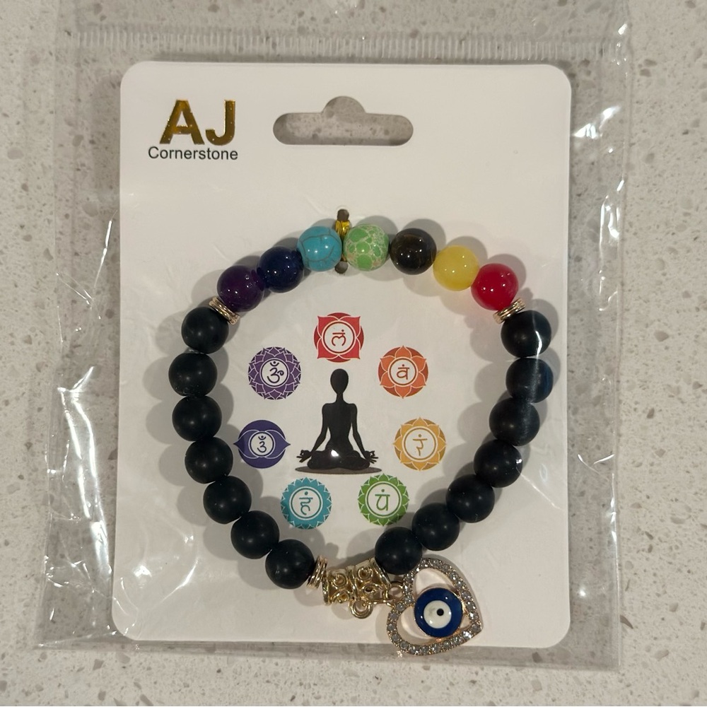 7 Chakra bracelet with rhinestone heart Evil eye 🧿